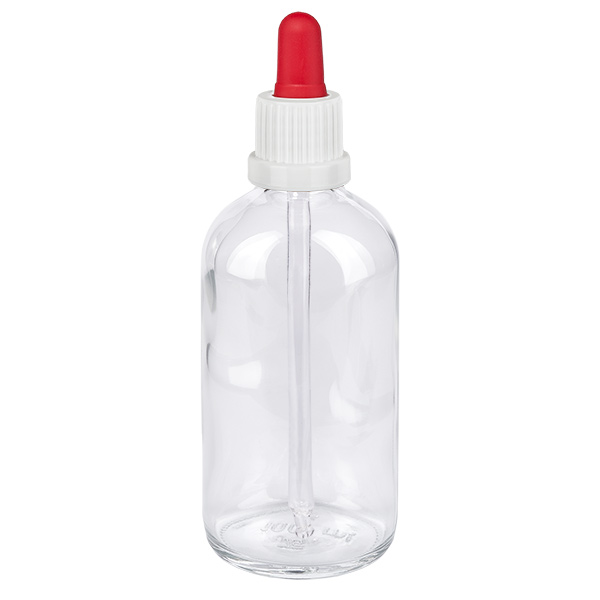 100 ml pipettflaska vit/röd med säkerhetsförslutning ClearLine UT18/100 100 ml pipettflaska av klart glas med vitt skruvlock och röd pipettkula