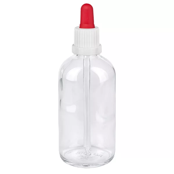 100 ml pipettflaska vit/röd med säkerhetsförslutning ClearLine UT18/100 100 ml pipettflaska av klart glas med vitt skruvlock och röd pipettkula