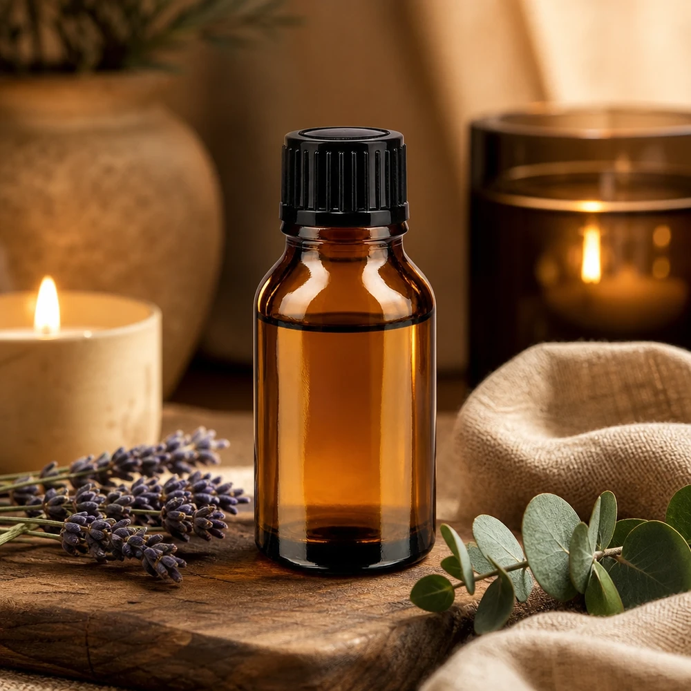 Solskyddsflaska, 15 ml, i brunt glas med svart droppkork på träunderlag med lavendel
