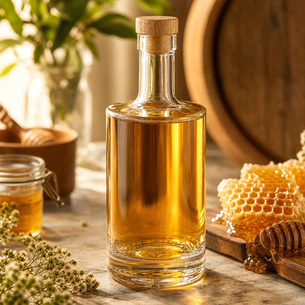 500ml glasflaska Nora fylld med honungslikör träkork UNiTWIST honeycomb honungsburk naturlig dekoration
