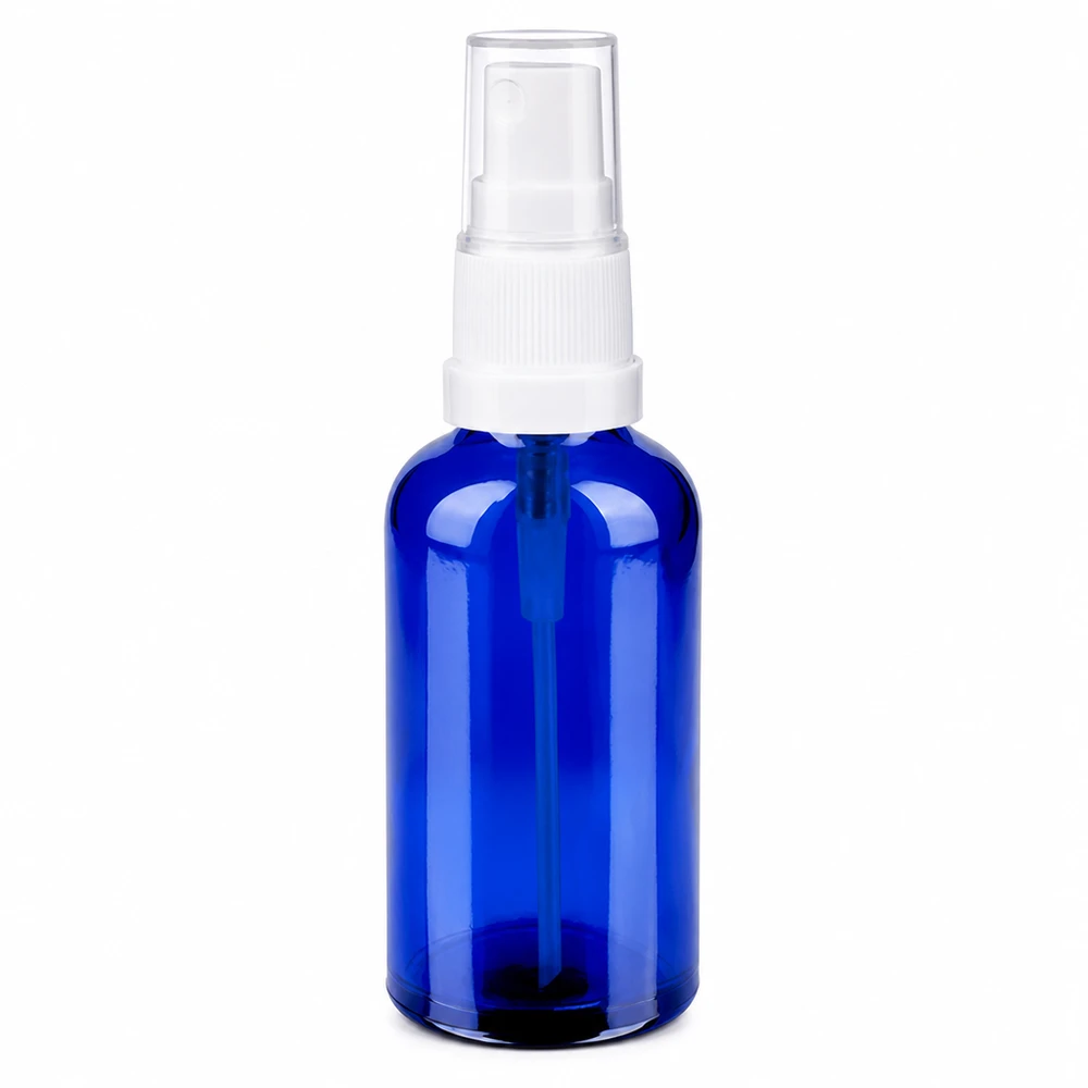 50ml Sprayflaska vit/transparent standardlock BlueLine UT18/50 Blå 50 ml sprayflaska i glas med vitt sprayhuvud för kosmetika och eteriska oljor