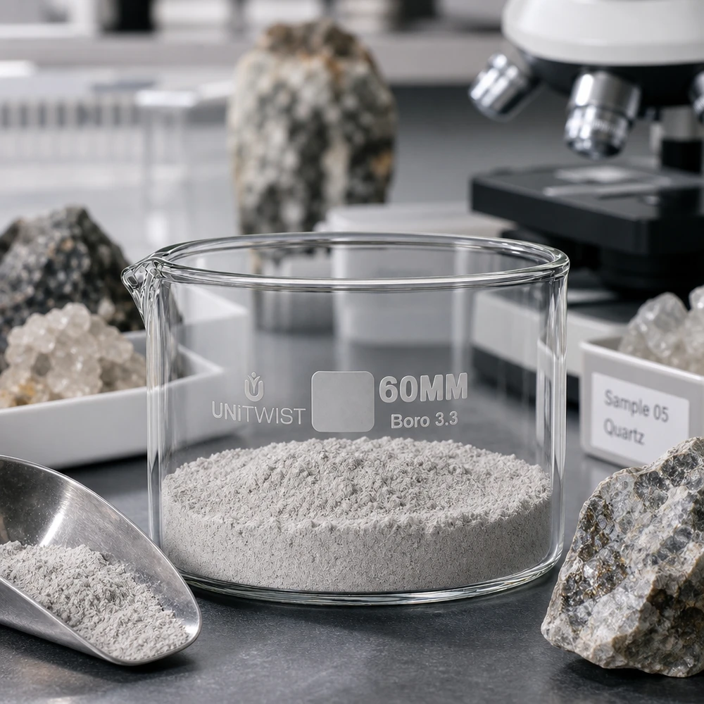 Kristallisationsskål 60 mm UNiTWIST med grått mineralpulver på ett laboratoriebord, omgiven av bergartsprover