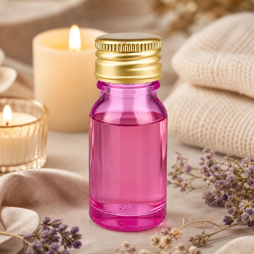 Högkvalitativ 10 ml flaska med texturerat guldlock och lila glas för premiumkosmetiska produkter