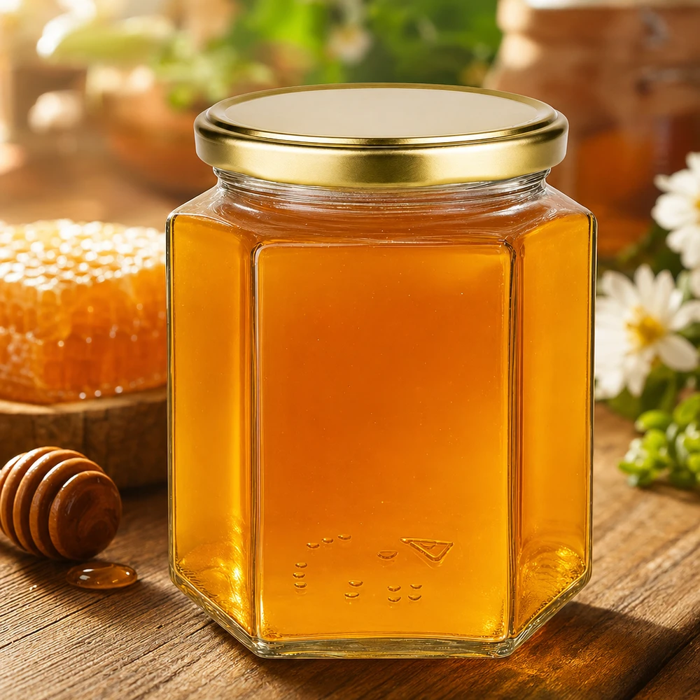 500 g honungsburk med gyllene lock BasicSeal UNiTWIST 500g Honigglas BasicSeal mit goldenem Deckel gefüllt mit Honig neben Bienenwabe und Honiglöffel auf Holztisch