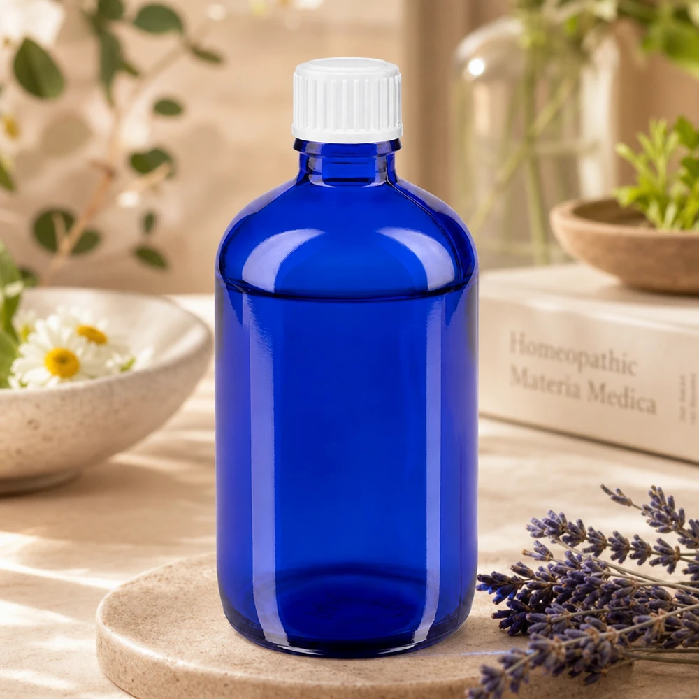 Apoteksflaska blå 100ml skruvkork vit standard Blå glasflaska på 100 ml med vitt lock bredvid lavendel och en bok om homeopati
