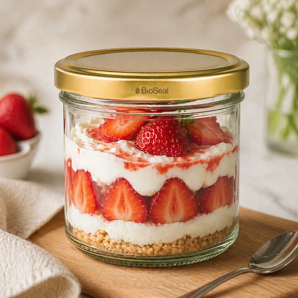 125 ml Krossade glasögon med UNiTWIST BioSeal-lock i guld UNiTWIST 125 ml dessertburk med jordgubbstrifle - gyllene TO66-lock på träbräda med sked och dekoration