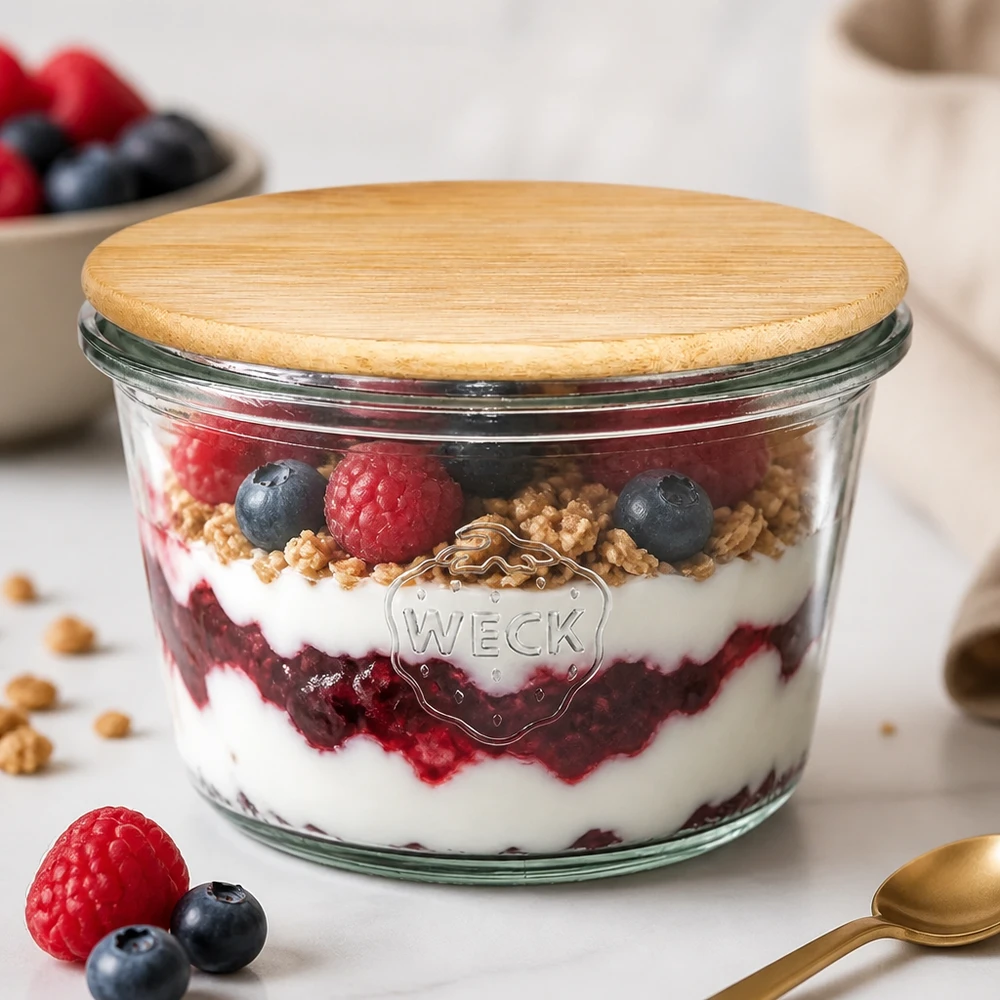 370ml Krossade glasögon WECK RR100 med trälock WECK RR100 dricksglas 370 ml med bambulock fyllda med skiktad bärmüsli dessert - yoghurt granola hallon