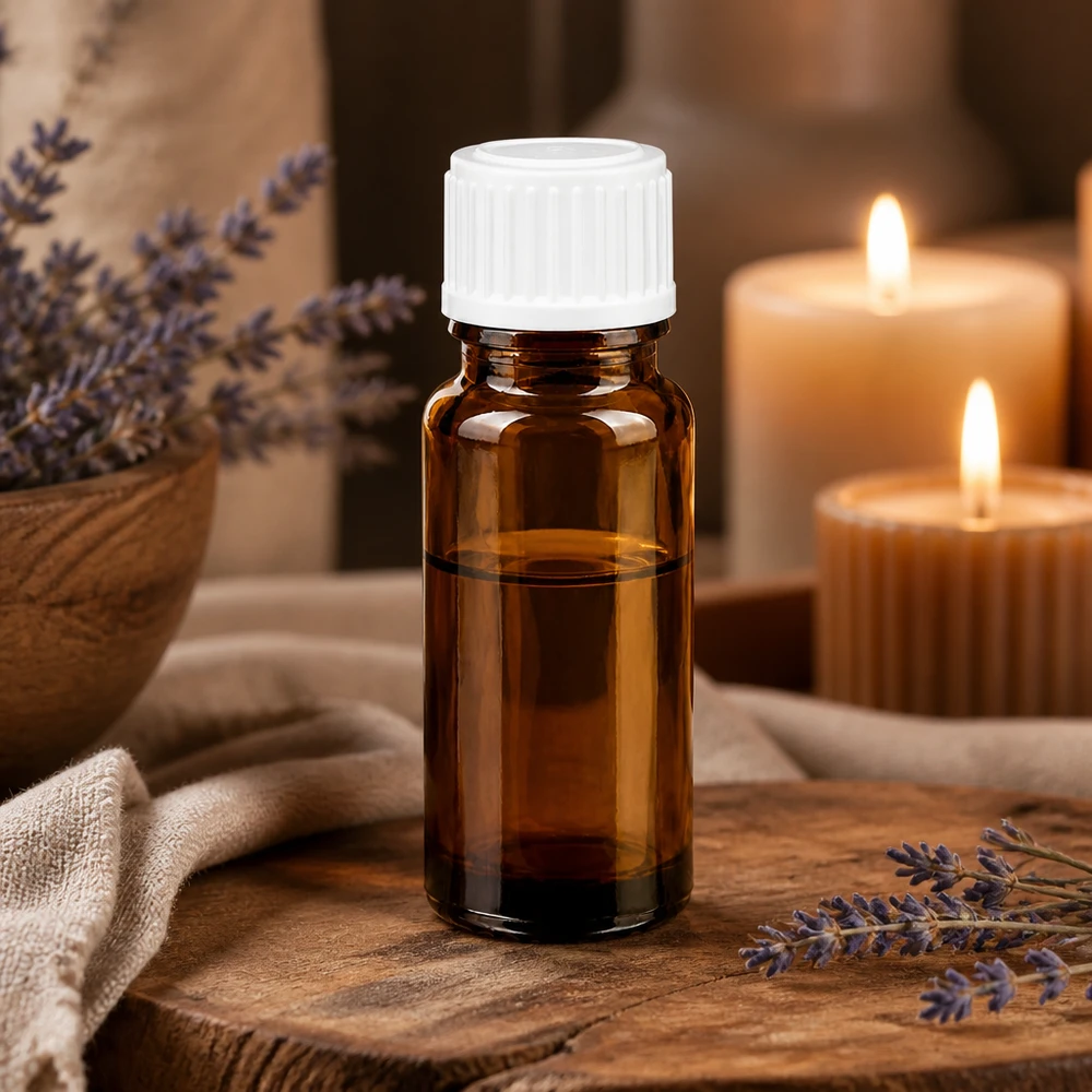 Apoteksflaska brun 10ml droppflaska vit 0,8mm standard Liten brun flaska på 10 ml med vit pipett på rustikt trä, med lavendel och levande ljus