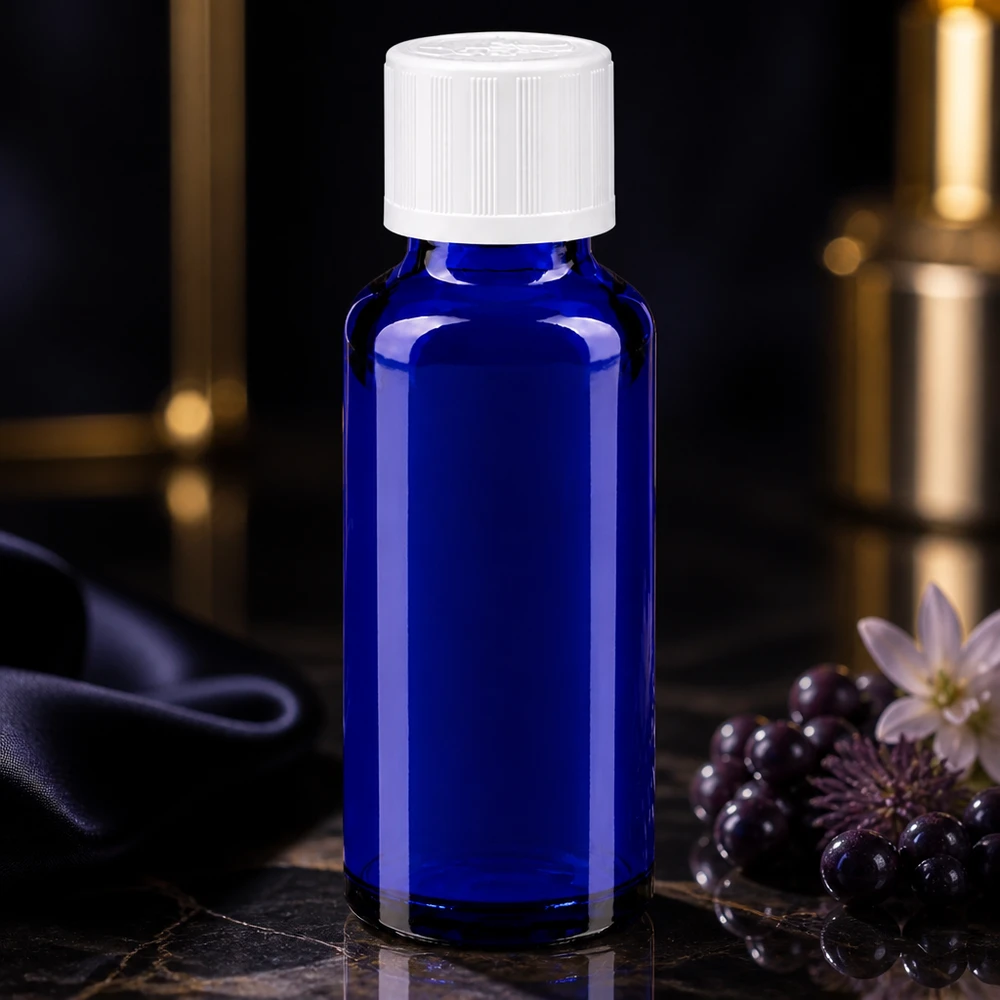 Apoteksflaska blå 30ml skruvkork vit barnsäker standard 30 ml apotekarflaska i koboltblått med vitt barnsäkert lock på marmorunderlag