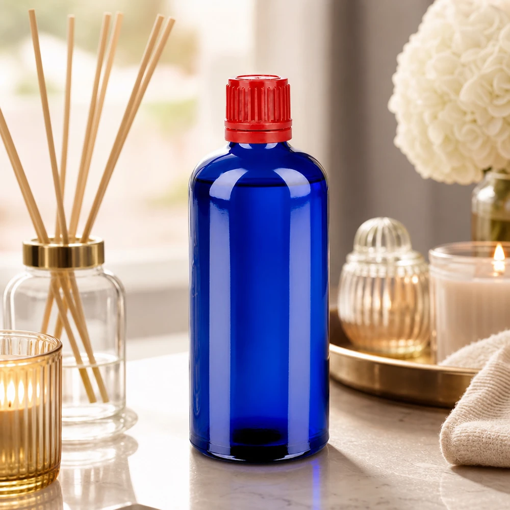 100ml flaska 11mm skruvkork röd säkerhetsförslutning BlueLine UT18/100 Liten 100 ml apoteksflaska i djupblått glas med rött säkerhetslock för droppar