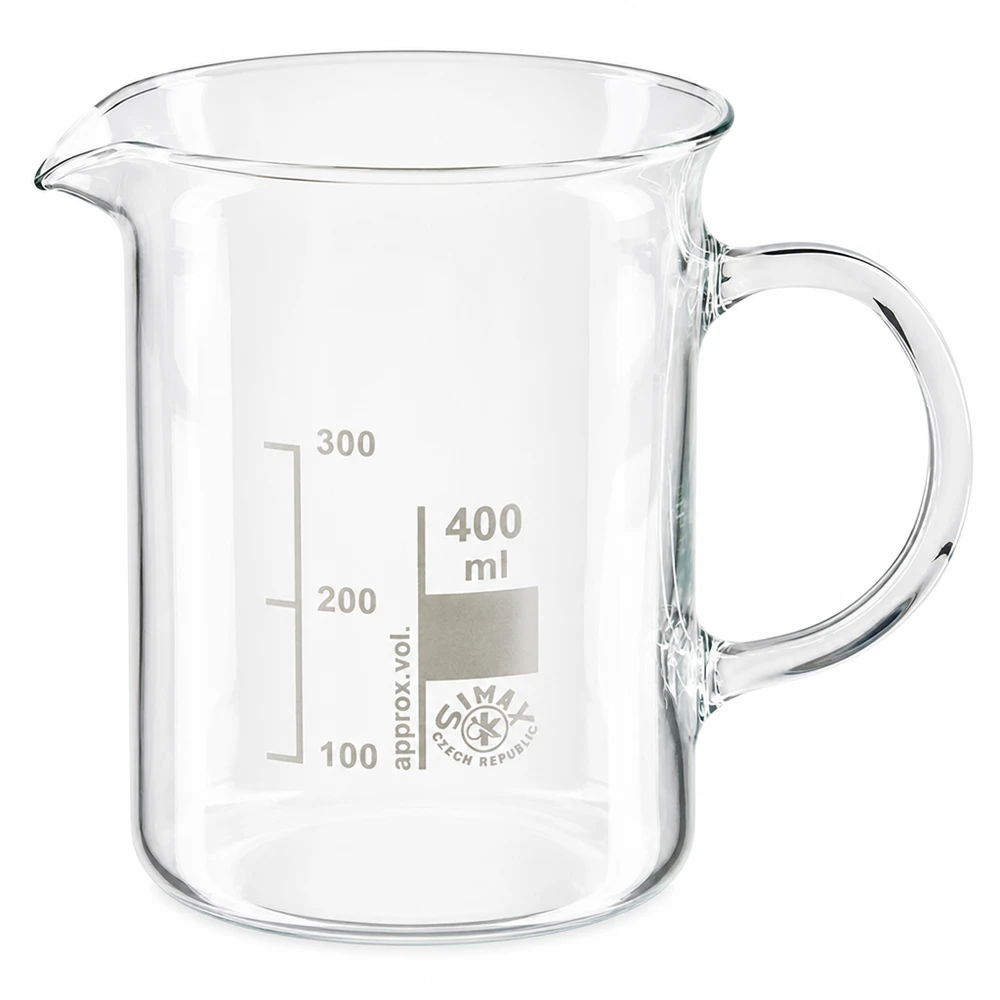 Bägare 400 ml borosilikatglas, med handtag Bägare på 400 ml av borosilikatglas med handtag och milliliterskala upp till 300 ml
