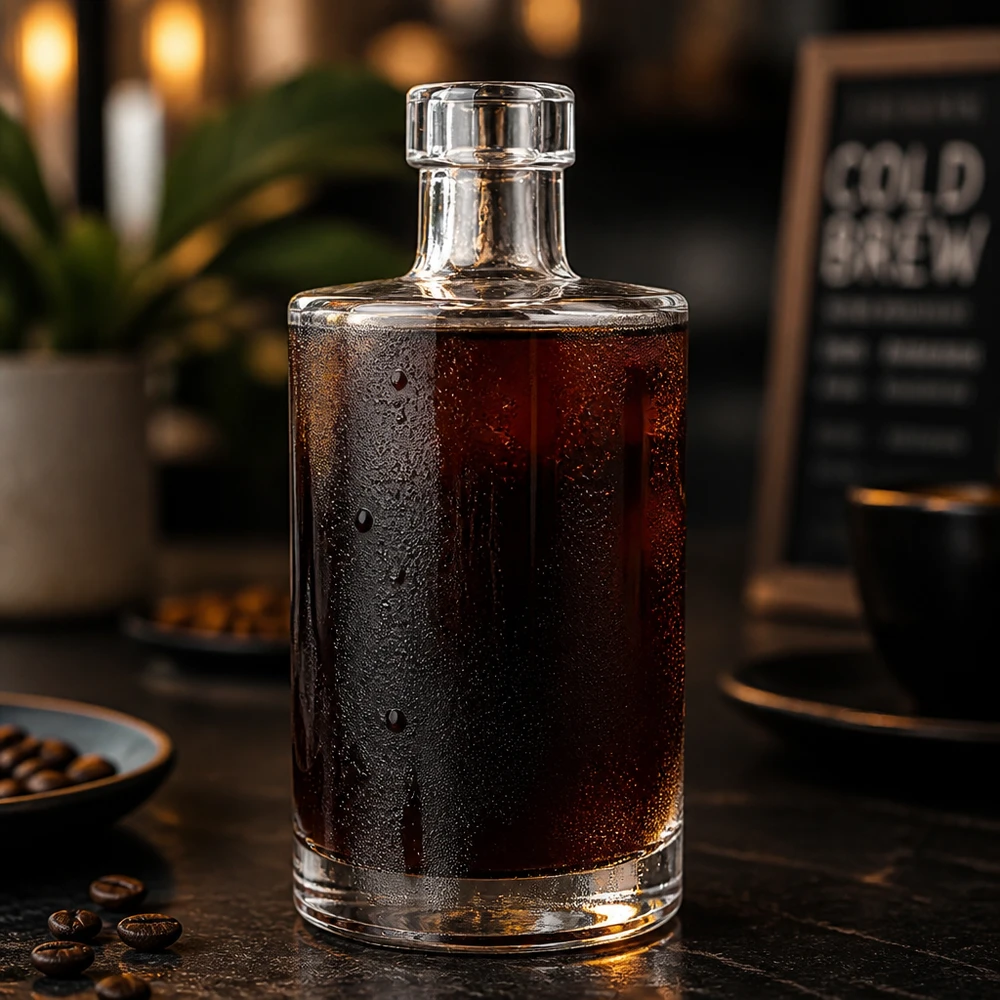 350 ml glasflaska Marie utan lock UNiTWIST® 350 ml glasflaska Marie fylld med kallbryggt kaffe Kaffebönor Ambience Gastronomy Application Bild 6 av 10