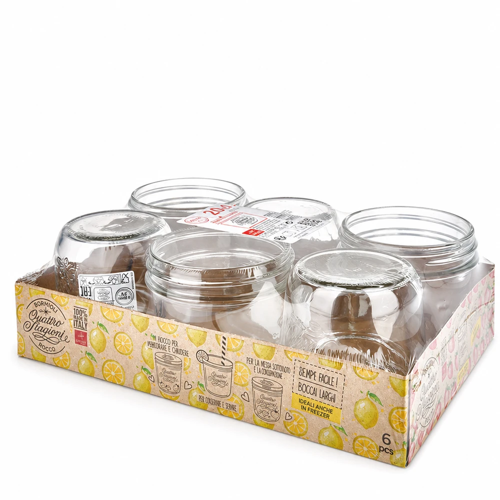 200 ml "Quattro Stagioni" Krossade glasögon med lock 200 ml murarburk Quattro Stagioni med lock Set om 6 konserveringsburkar från Italien i gul förpackning