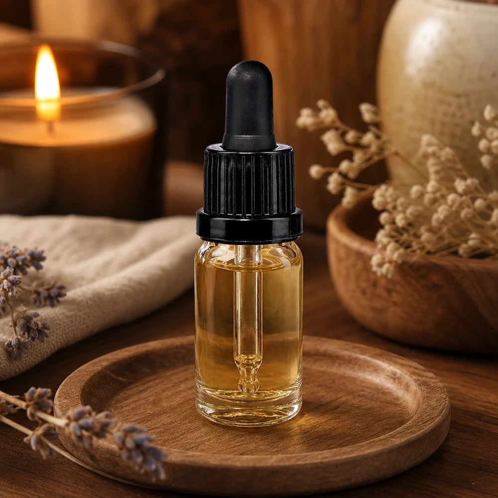 10 ml pipettflaska svart med säkerhetsförslutning ClearLine UT18/10 Genomskinlig pipettflaska på 10 ml med svart gummikolv på en träbricka i en avkopplande miljö