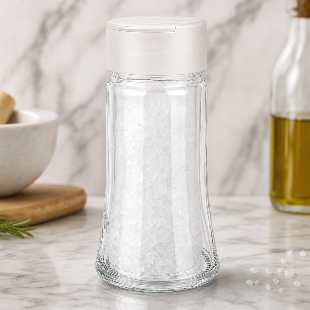 Saltglas 95 ml med vit dubbelströare, fylld med grovt havssalt, på en marmorunderlägg