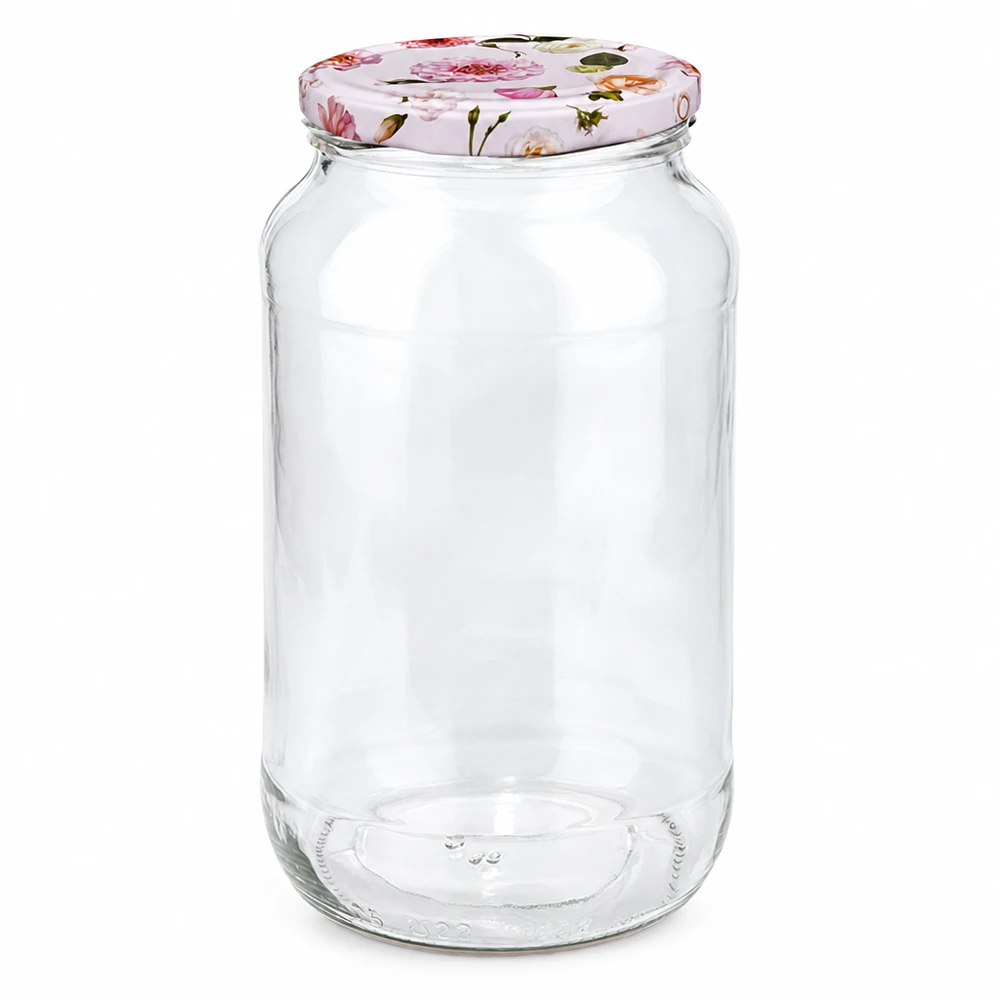 Rund burk 1062ml med rosa blomlock BasicSeal-förslutning Förvaringsburk Konserveringsburk