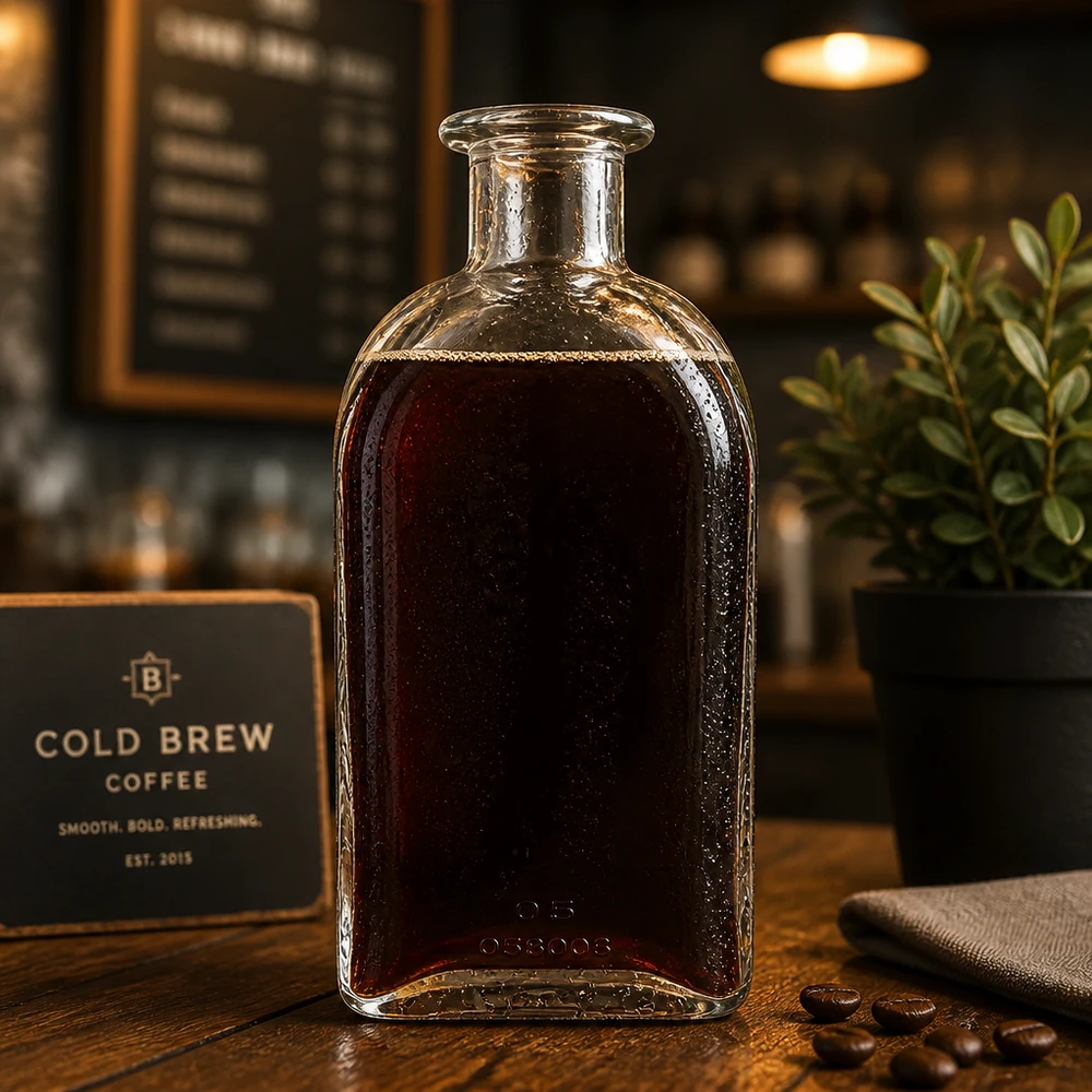 500 ml apoteksflaska Julia utan lock UNiTWIST® 500 ml Julia glasflaska fylld med kallbryggt kaffe i caféatmosfär med kaffebönor och snygg presentation