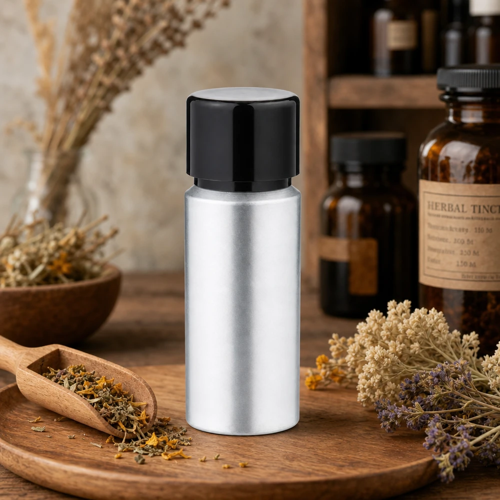 Cylindrisk 20 ml aluminiumflaska med svart skruvkork - platsbesparande form för optimal förvaring