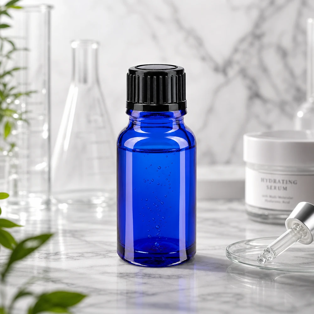 Apoteksflaska blå 10ml skruvlock svart standard Apoteksflaska, 10 ml, blå med svart lock bredvid en laboratoriekolv och hyaluronserum