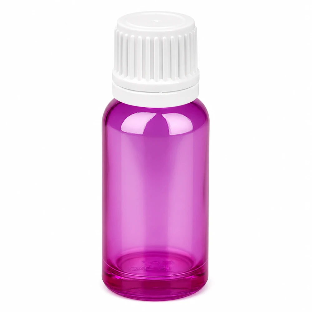 20 ml glasflaska i violett med vitt skruvlock för eteriska oljor och kosmetika