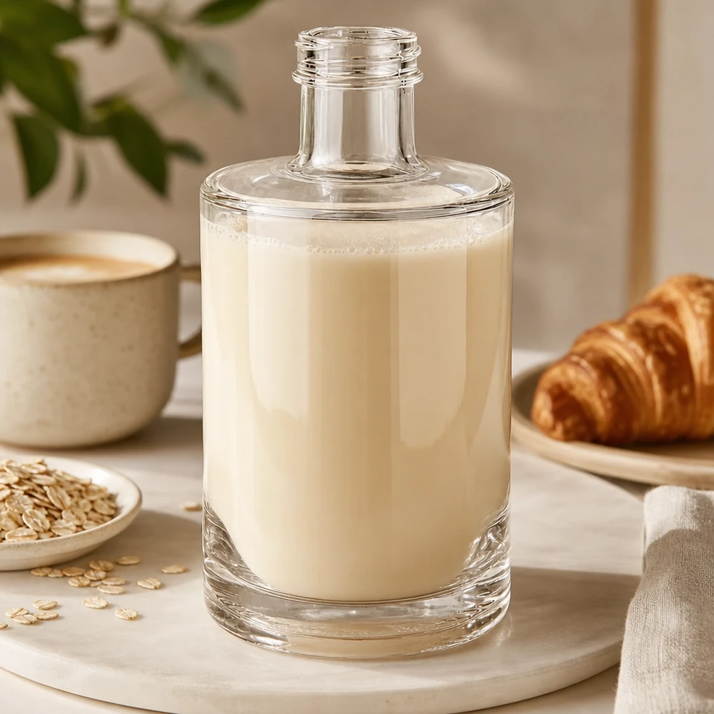 375 ml glasflaska Sam utan skruvlock UNiTWIST® 375 ml glasflaska Sam fylld med krämig havremjölk placerad bredvid croissant och kaffekopp på träbräda