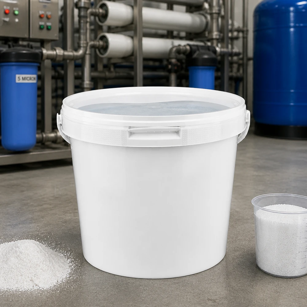 Industrihink på 5,6 liter av vit PP-plast med lock för vattenrening och kemikalier