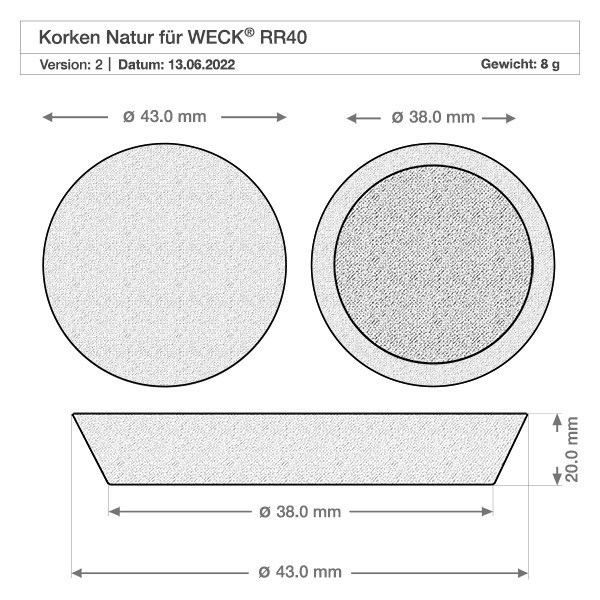 75ml tulpanburk WECK RR40 med kork naturell Teknisk ritning naturkork WECK RR40 med måtten 43mm och 38mm diameter för 75ml tulpanburk