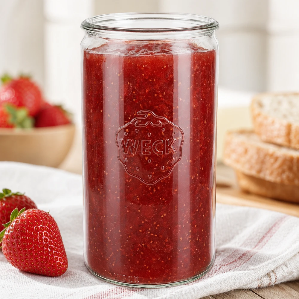 1590 ml cylindrisk glasburk WECK RR100 WECK Zylinderglas 1590ml RR100 gefüllt mit Erdbeermarmelade neben frischen Erdbeeren und Brot in heller Küche