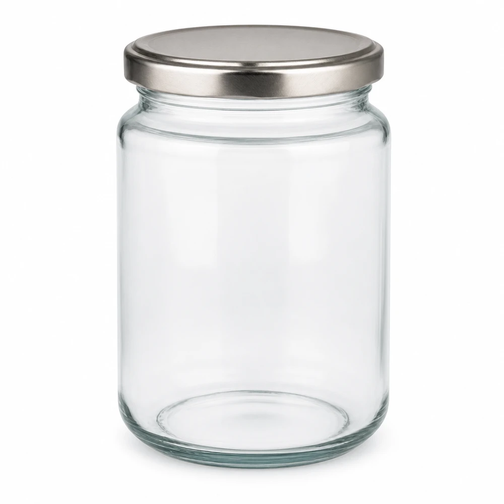 Rund burk 382 ml med lock BasicSeal silver UNiTWIST 382 ml rund burk med silverfärgat BasicSeal-lock tom på vit bakgrund Konserveringsburk Förvaringsburk