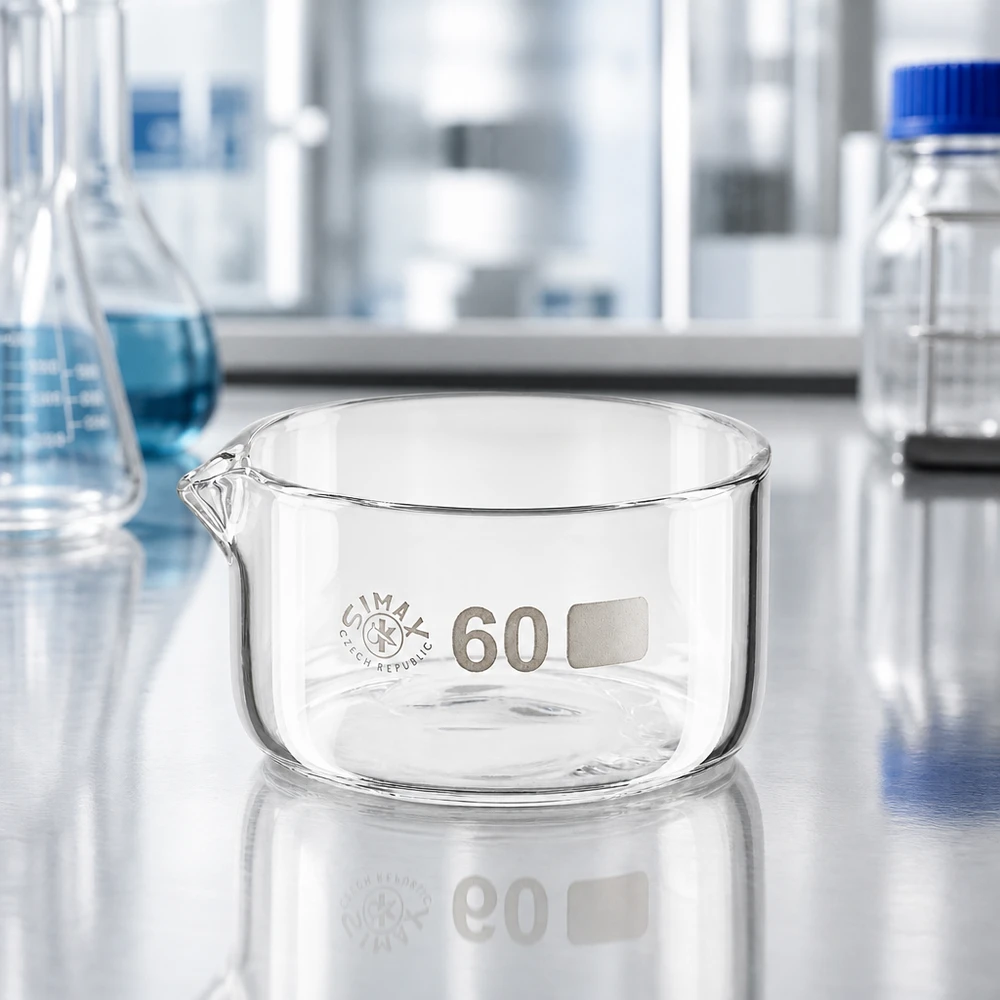 60ml kristalliseringsskål med pip av borosilikat ø60mm Glasskål 60 ml, kristallisationsskål med platt botten och pip, laboratorieutrustning, avdunstningsskål, Simax