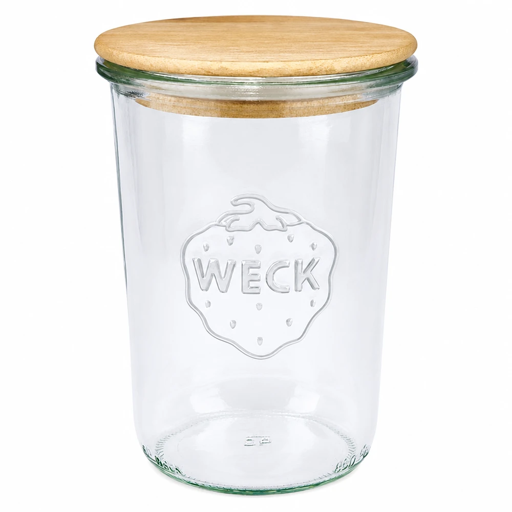 850ml WECK RR100 Krossade glasögon med trälock WECK tumlingsburk 850ml RR100 med trälock Konserveringsburk transparent med WECK-logotyp