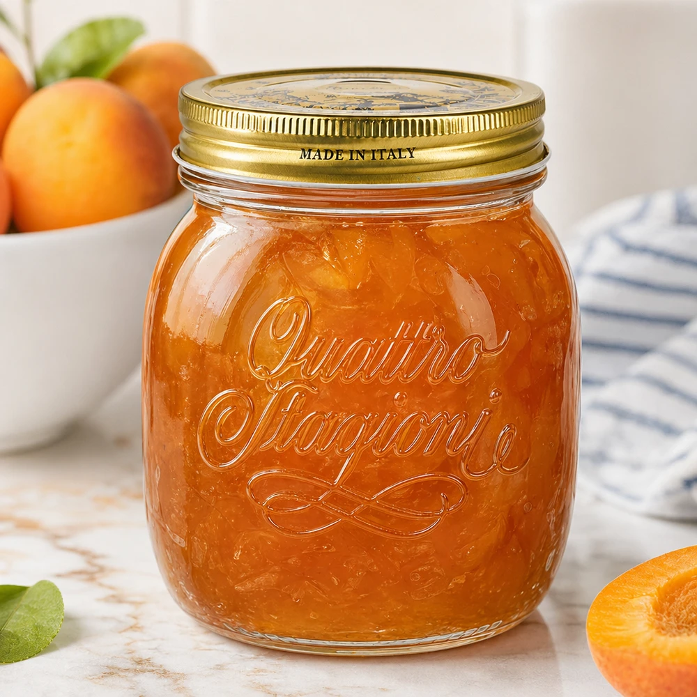 Quattro Stagioni 700ml rund burk fylld med aprikosmarmelad Tillverkad i Italien Konserveringsburk för sylt och marmelad