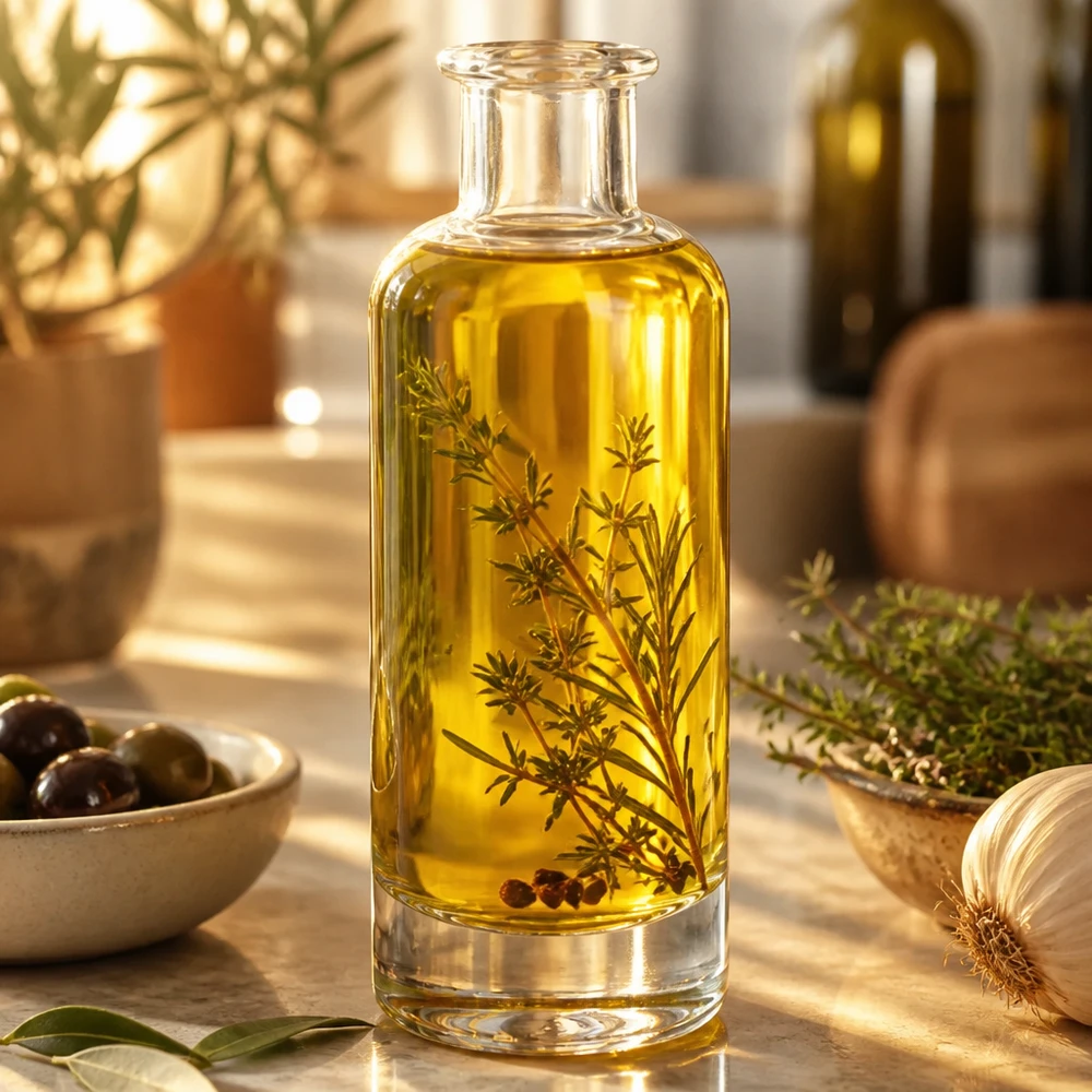 200 ml glasflaska Ella utan förslutning UNiTWIST® 200ml Glasflasche Ella mit Kräuteröl und Rosmarin befüllt zeigt elegante Küchennutzung für aromatisierte Öle
