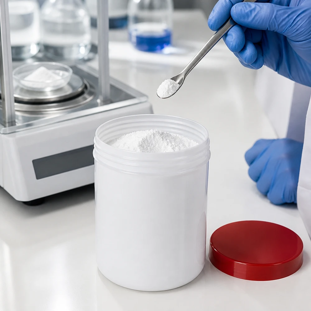 Salvburk 150g vit med rött skruvlock (polypropylen) Cylindrisk salvorburk på 150 g av vit PP-plast med rött skruvlock på laboratoriebordet