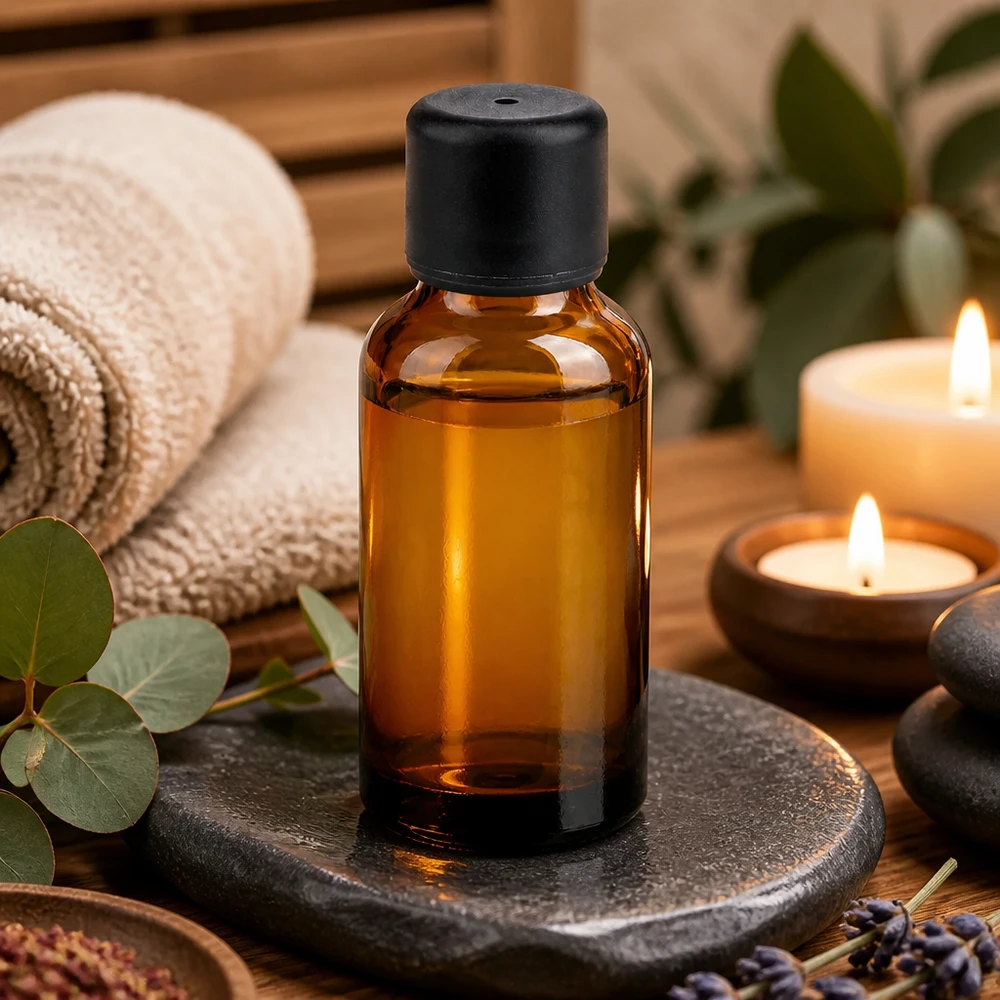 30 ml aromaterapiflaska av UV-skyddande bärnstensfärgat glas med praktiskt svart lock
