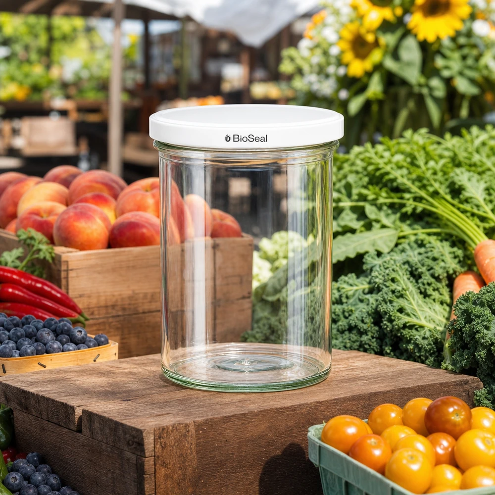 435 ml Krossade glasögon med vitt BioSeal-lock UNiTWIST UNiTWIST-glas 435 ml tomma på träbord mellan färsk frukt och grönsaker visar på mångsidig användning i trädgården