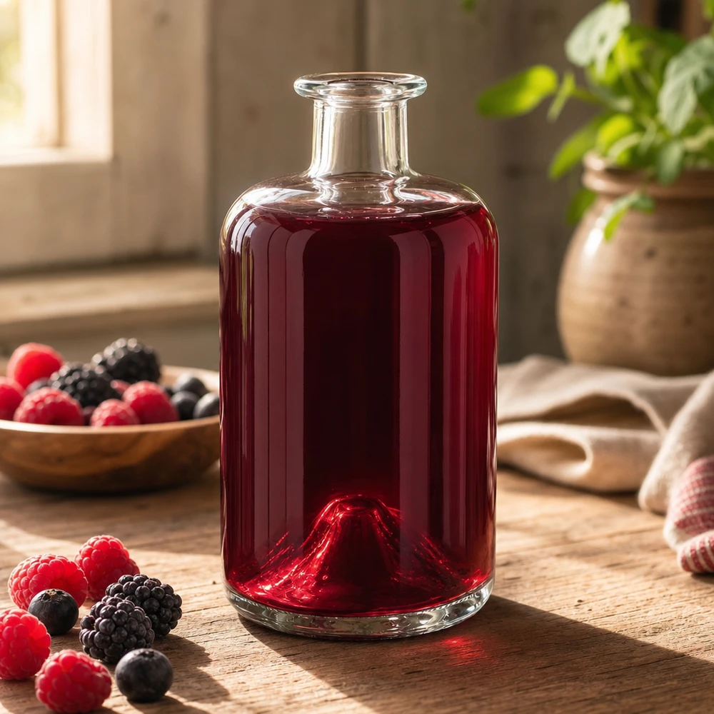 500 ml apoteksflaska 500ml Glasflasche "Sofia" ohne Verschluss UNiTWIST utan lock UNiTWIST® 500ml Glasflasche Sofia mit rotem Beerensaft befüllt Himbeeren Brombeeren dekorative Küchendeko Apothekerflasche