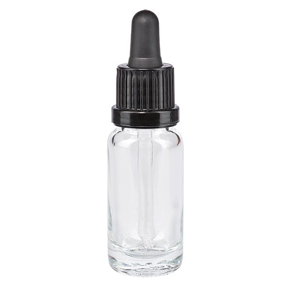 Transparent apoteksflaska med pipett 10 ml svart/svart VO Transparent apoteksflaska med pipett 10 ml svart/svart VO