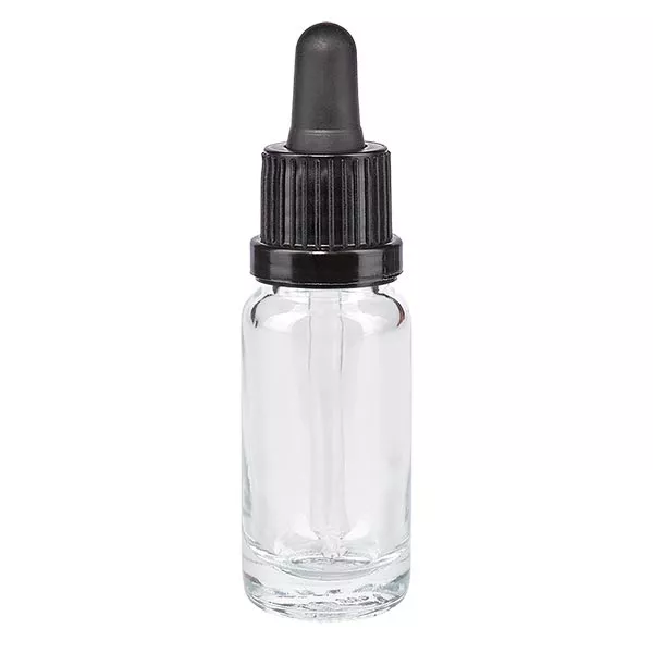 Transparent apoteksflaska med pipett 10 ml svart/svart VO Transparent apoteksflaska med pipett 10 ml svart/svart VO