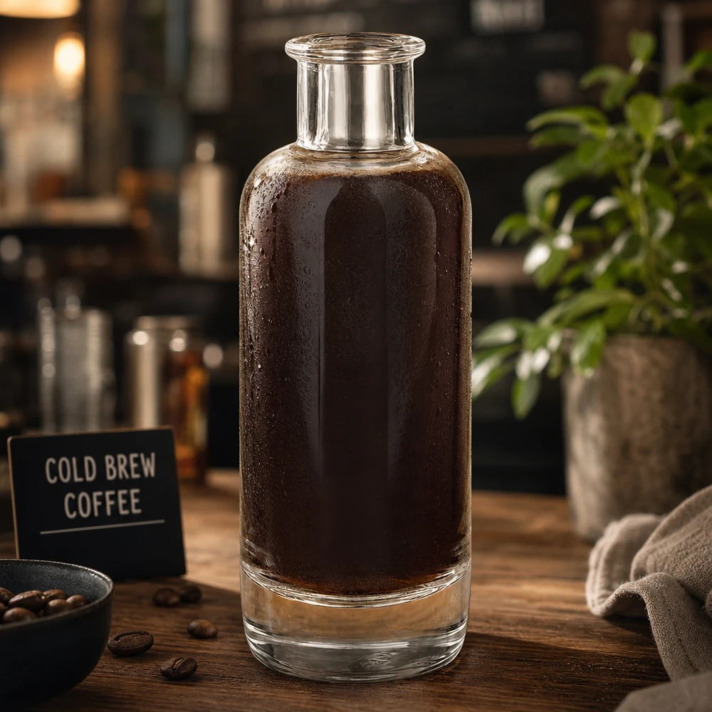 200 ml glasflaska Ella fylld med kallbryggt kaffe i caféatmosfär visar användning för kaffedrycker