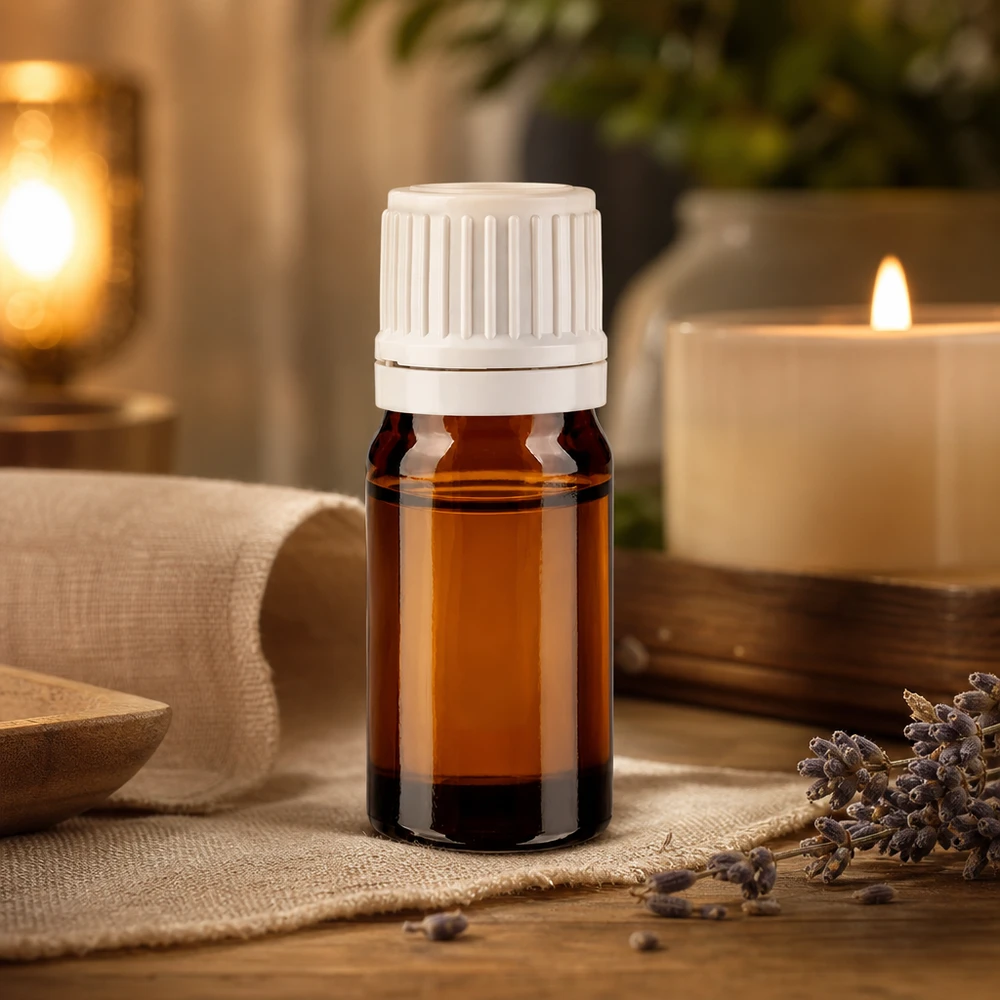 Miniatyrflaska i brunt glas, 5 ml, med vitt skruvlock för naturkosmetik och wellness