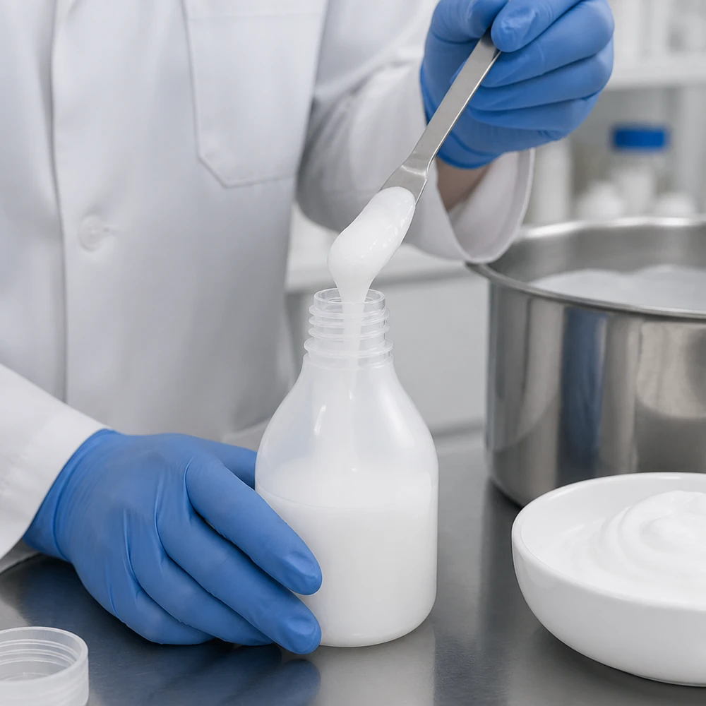 En vit 30 ml laboratorieflaska med smal hals fylls med en krämig substans av en laboratorietekniker som bär skyddshandskar