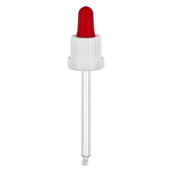 Dropp-pipett av glas vit/röd 18mm PL78 med säkerhetsförslutning Dropp-pipett av glas vit/röd 18mm PL78 med säkerhetsförslutning