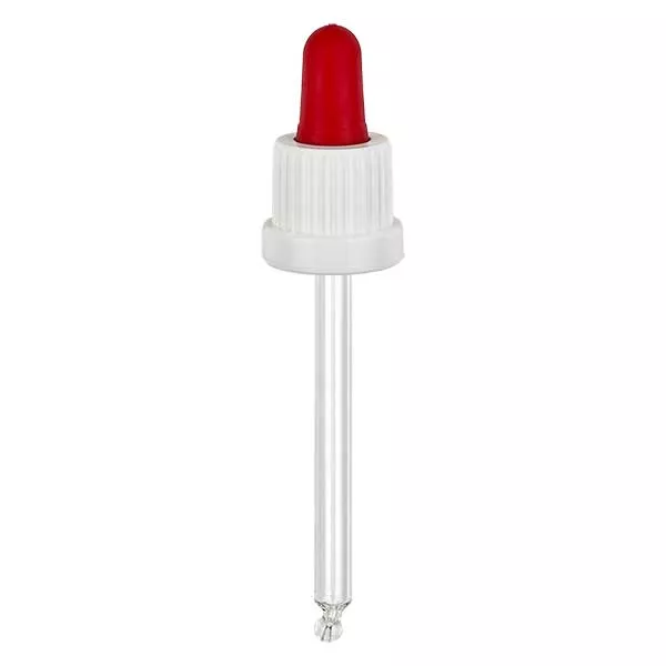 Dropp-pipett av glas vit/röd 18mm PL78 med säkerhetsförslutning Dropp-pipett av glas vit/röd 18mm PL78 med säkerhetsförslutning