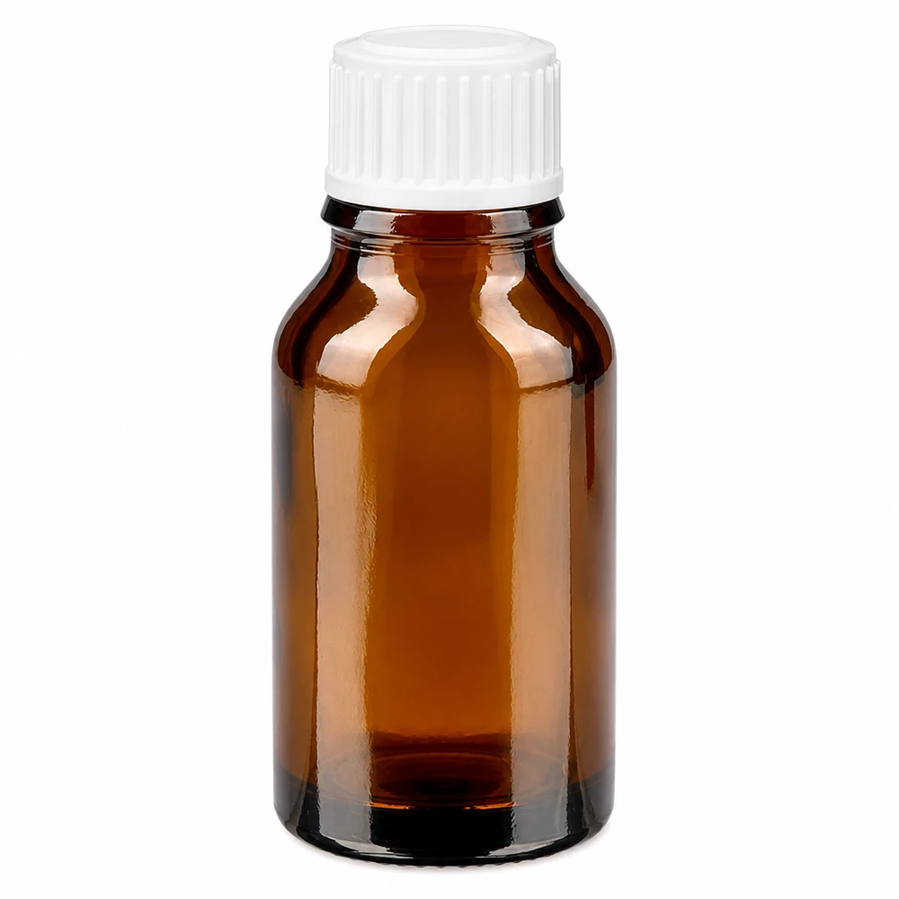 Apoteksflaska brun 15ml skruvkork vit standard Brun apoteksflaska i glas, 15 ml, med vitt skruvlock