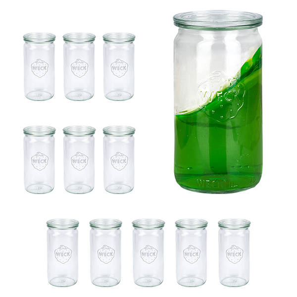 Set med 12 cylindriska burkar Weck 340 ml med 12 glaslock Set med 12 cylindriska burkar Weck 340 ml med 12 glaslock