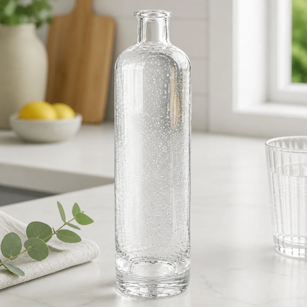 500 ml glasflaska Ella utan lock UNiTWIST® 500ml Glasflasche Ella mit Sprudelwasser gefüllt elegante Küchenszene Bubbles sichtbar stilvolle Tischdekoration