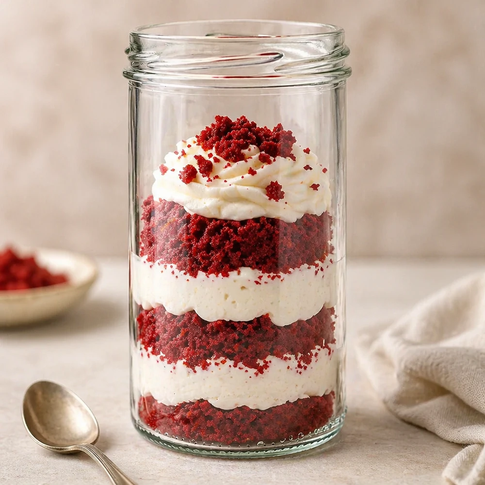 Röd sammetsdessert i 277 ml UNiTWIST-glas med grädde och rött strössel i lager