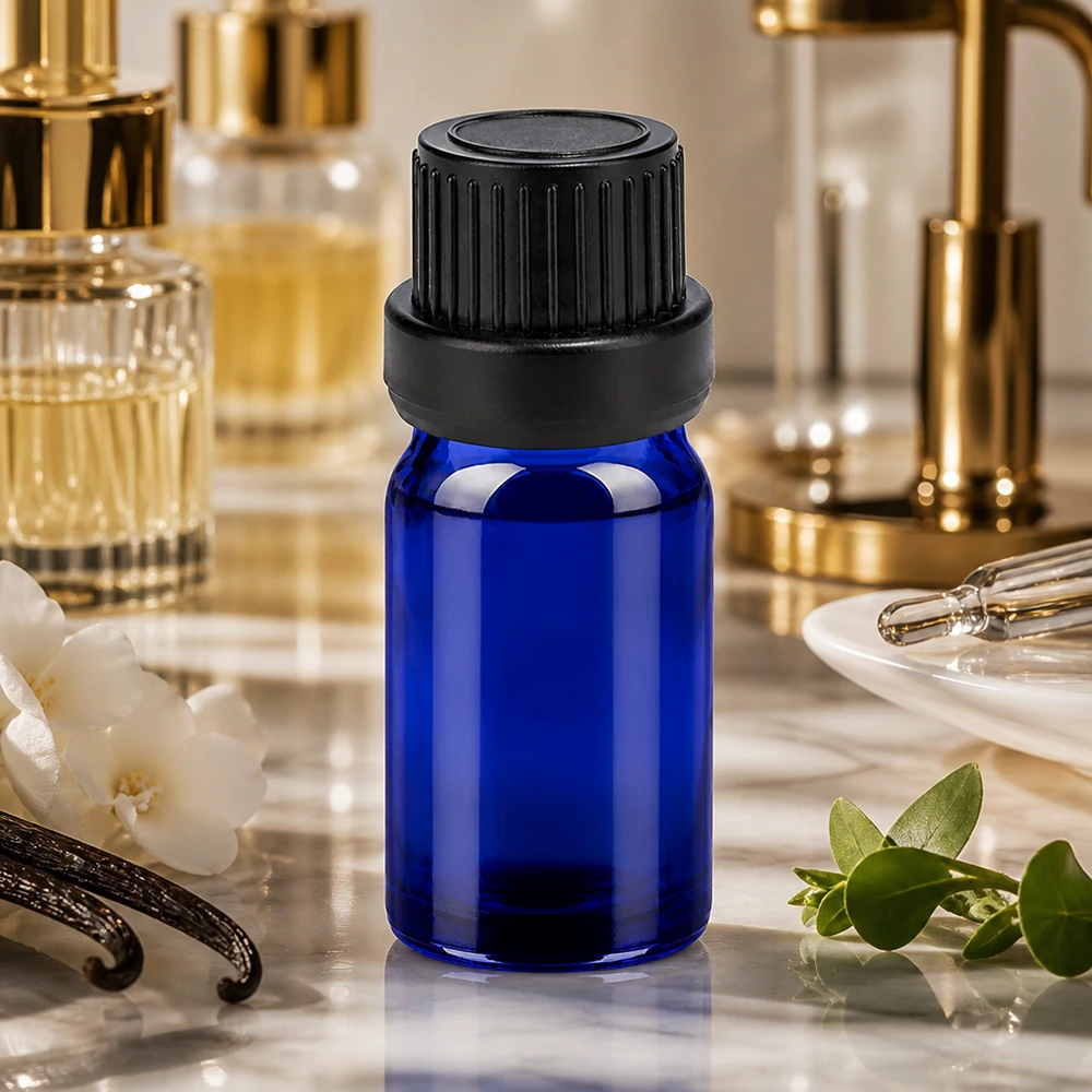 5 ml blå glasflaska med svart lock, idealisk för parfym och doftoljor UT18/5