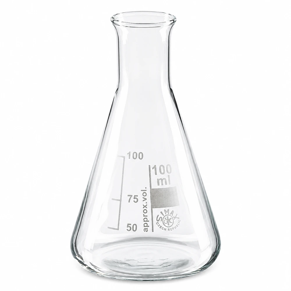 Erlenmeyerkolv 100 ml med smal hals av klart borosilikatglas för laboratoriebruk